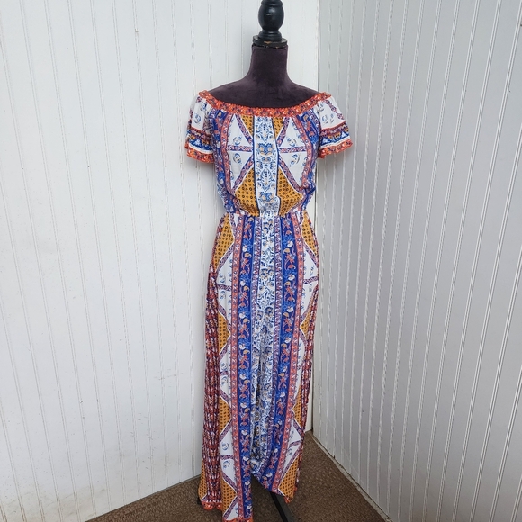 Flying Tomato Women’s Off Shoulder Jumpsuit Romper Blue Orange Geo Print Sz S - Picture 1 of 14